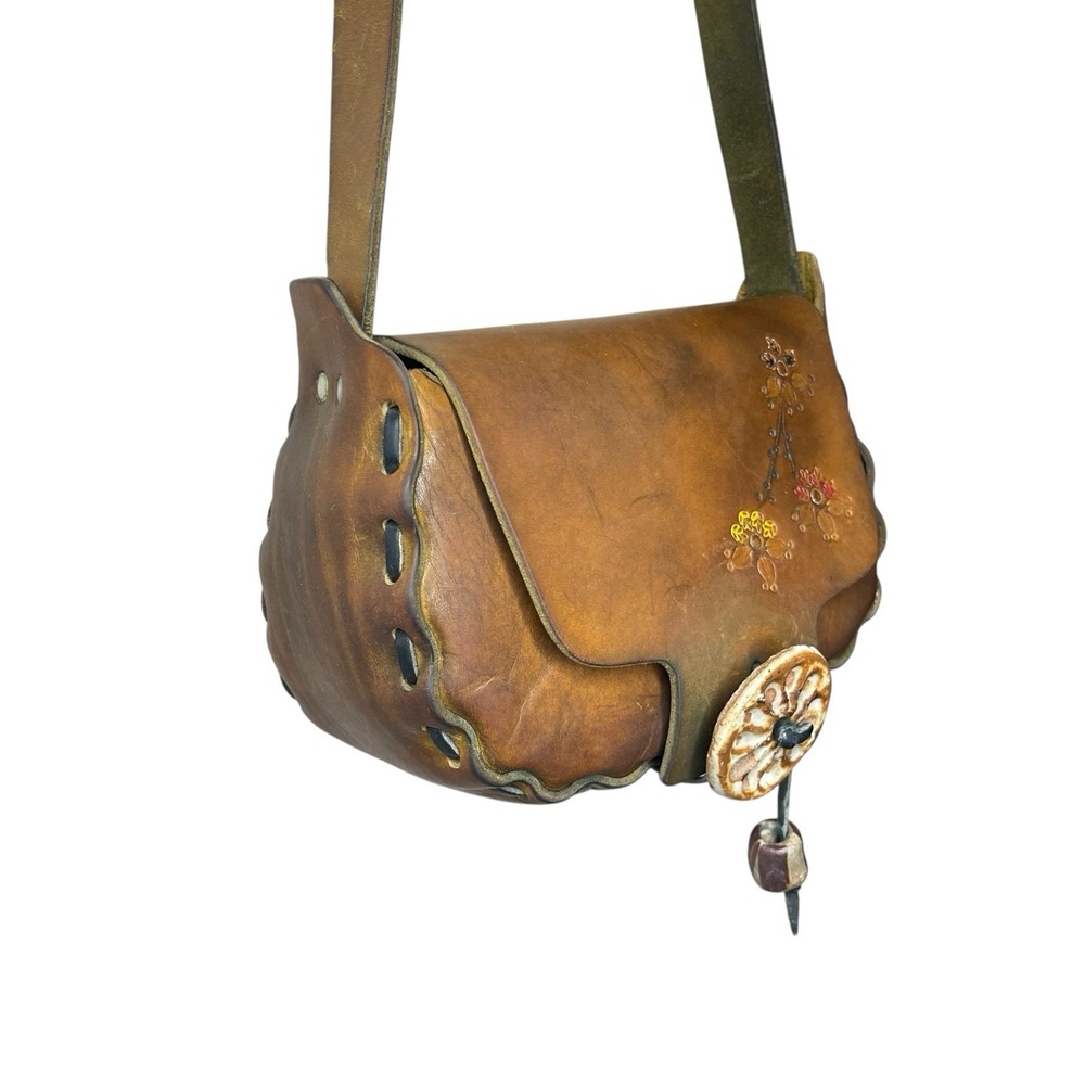 1960s/70s Vintage Hand Tooled Leather & Painted Flower Shoulder Bag Purse Boho - Picture 4 of 12